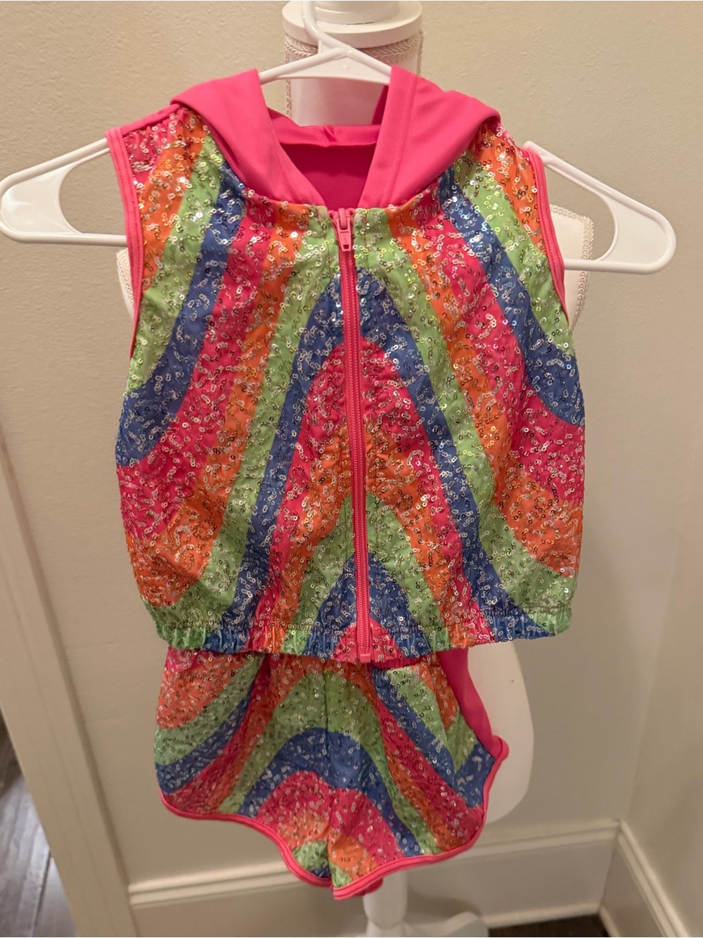 Weissman Rainbow Sequin Vest & Shorts Set with Pink Hood